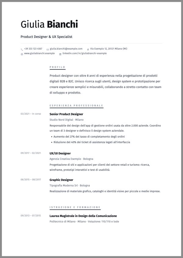 Esempio di curriculum con il template Minimal