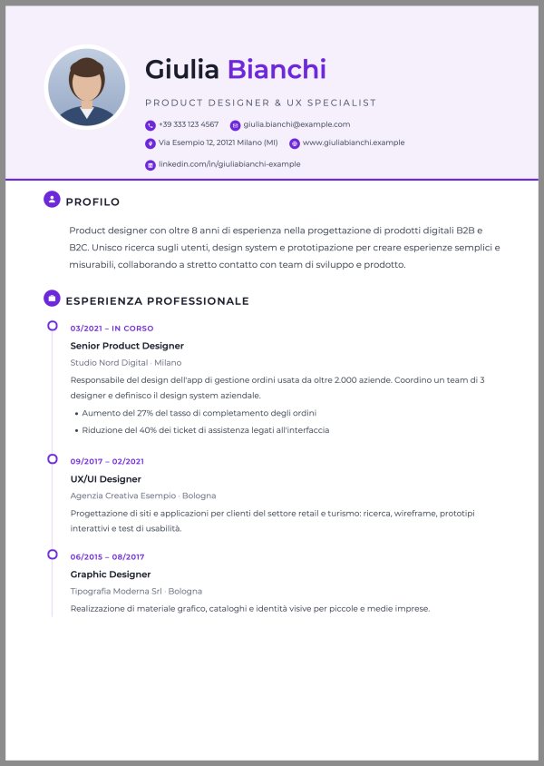 Esempio di curriculum con il template Timeline